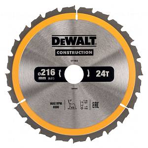 Пильный диск DEWALT DT1952, CONSTRUCTION по дереву с гвоздями 216/30, 24 ATB +5°